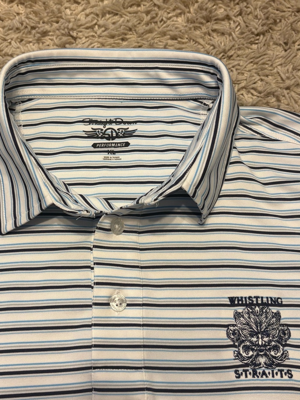 Whistling Straits Men’s Performance Stripe Polo - White with Blue Stripes